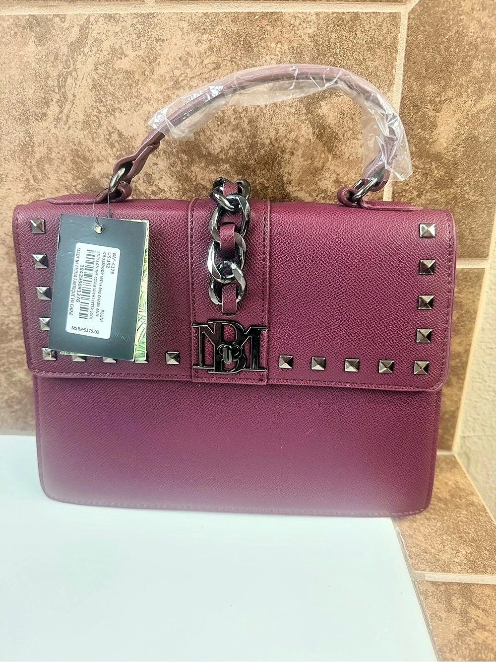 Badgley Mischka Crossbody with Big Chain and Studs on Cover, Letter Lock